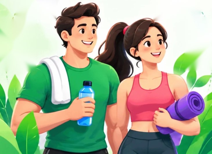 A couple walking with a water bottle and a yoga mat